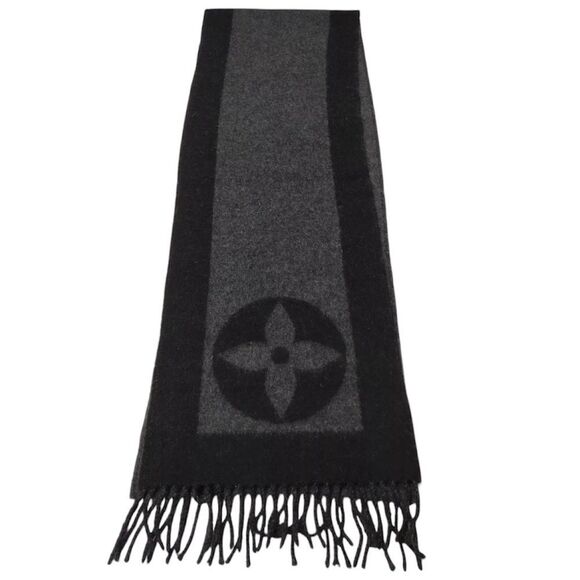 Authentic Louis Vuitton Gray Black Cashmere LV Monogram Baroda Scarf Stole Wrap - Picture 1 of 11